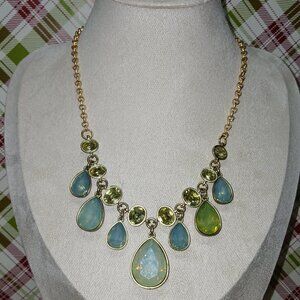 Gold Tone Green Blue Rhinestone Teardrop Vintage Necklace Costume Jewelry #107